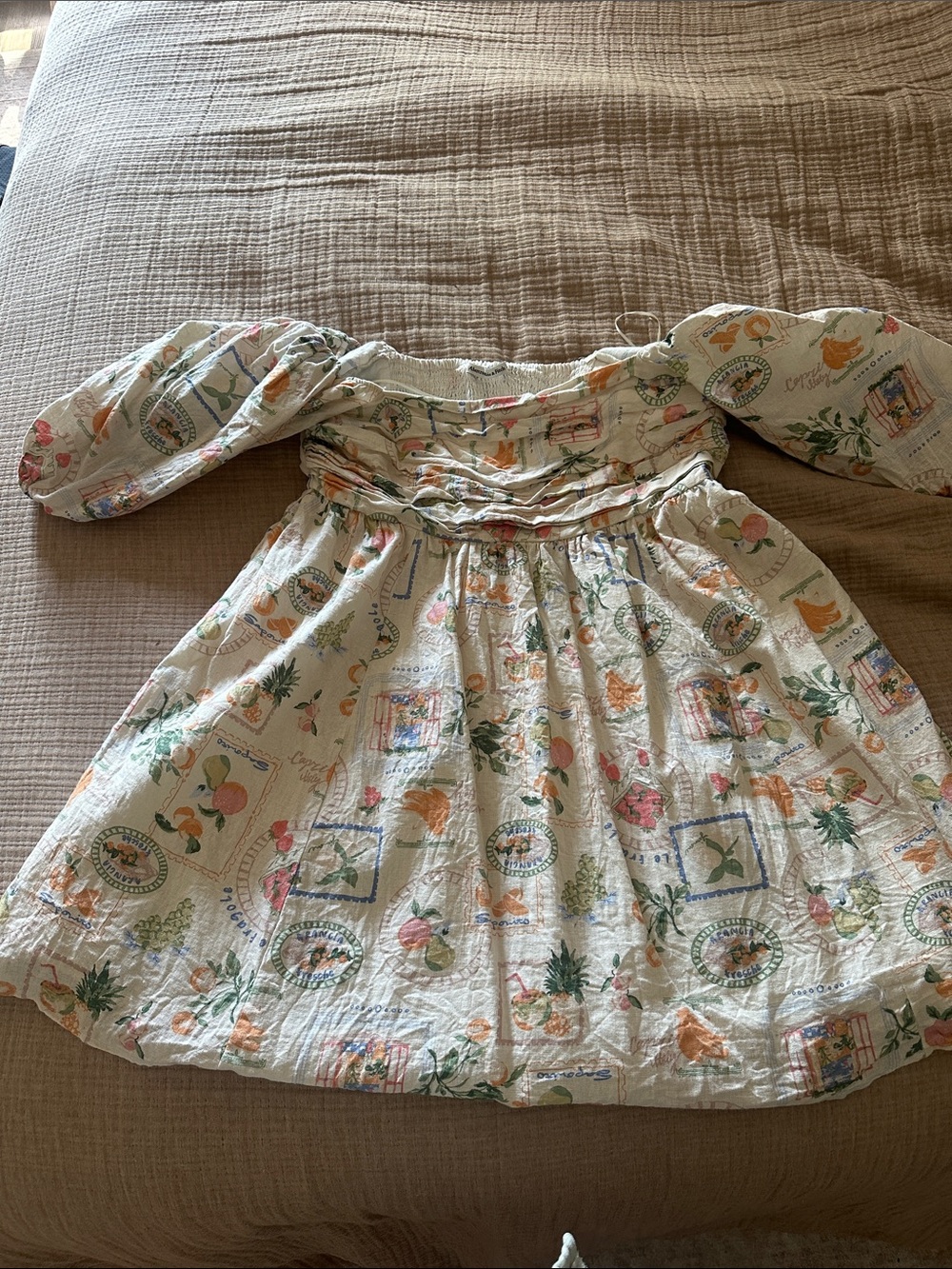 Printed Cotton Dress in Cream with Pastel Fruit Motif